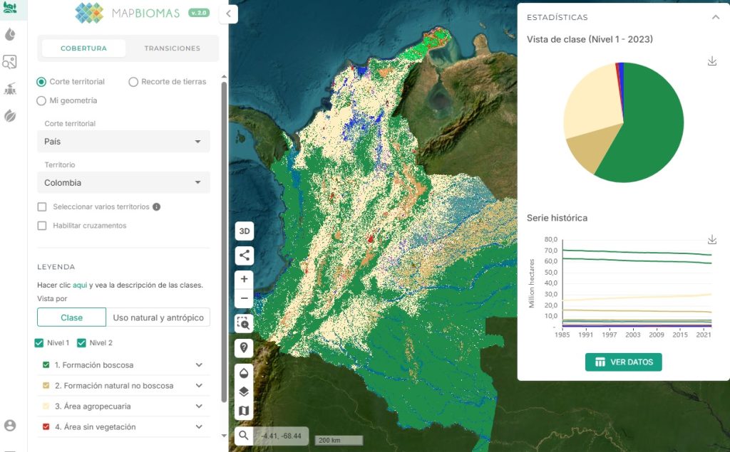 Mapa de cobertura y uso del suelo de Colombia de MapBiomas 3.0, mostrando los cambios desde 1985. Tecnología para monitorear bosques tropicales y la gestión de la biodiversidad.