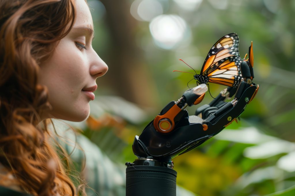Mariposa Malaquita emergiendo en un mariposario, junto a esculturas de animales colombianos (jaguar, oso de anteojos) y una imagen de fiscales en capacitación OSINT.