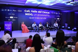 Logo de NIDO junto a representaciones de tecnología, innovación y edificios de Cali.